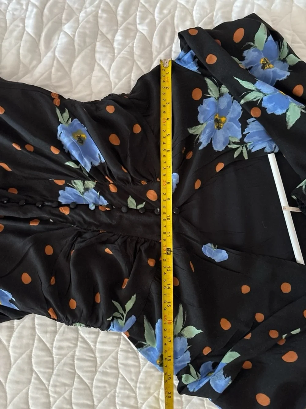 🪴Free People Black/Blue Floral Chiffon V-Neck Puff Sleeve Ruched Mini Dress M